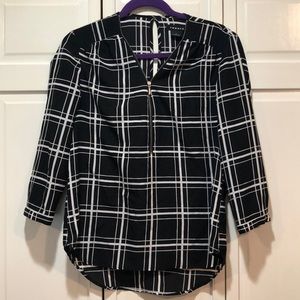 Black & White window pane silky blouse - Zipper Neck line with keyhole back